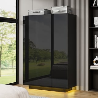 47.2"W Family 3-Door Wardrobe Armoire Closet Storage LED Light High Gloss - N/A