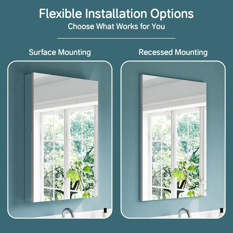 24x36" Tri-View Mirrored Medicine Cabinet, Soft-Close Blum Hinges, Reversible Bi-View Door, Recess/Surface Mount, Aluminum Body