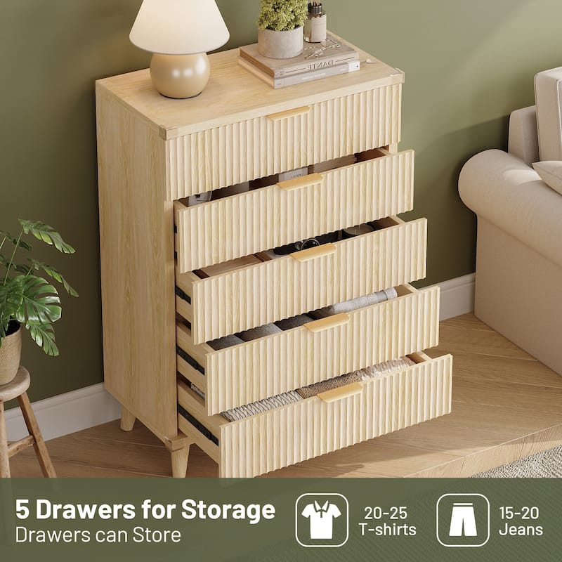 5 Drawer Tall Dresser for Bedroom, Slim Boho Bedroom Furniture