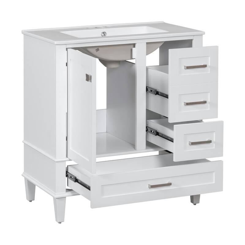 Anmytek 30 Inch White Modern Bathroom Vanity Sink Combo Solid Wood Frame Soft Close Door 3 Drawers Storage Cabinet