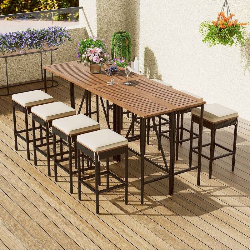 Outdoor Acacia Wood Patio Bar Table Set, High Top Pub Table and Stools - 10 PCS