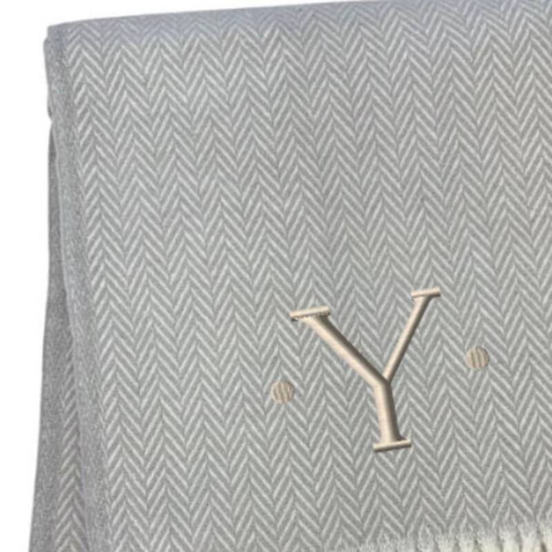 55" X 70" Gray And White Herringbone Cotton Blend A Initial Throw Blanket with Tassels And Embroidery