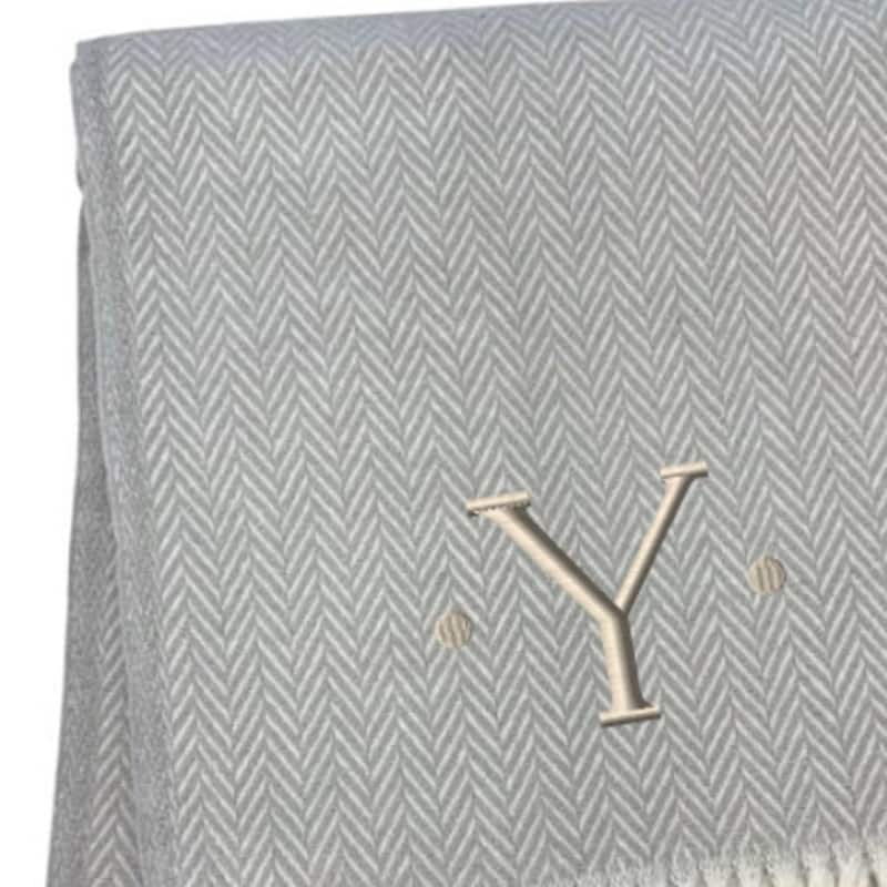 HomeRoots 55" X 70" Gray And White Herringbone Cotton Blend Y Initial Throw Blanket with Tassels And Embroidery