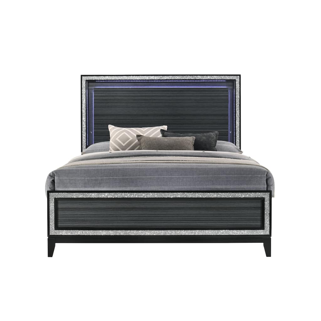Queen Bed with LED Headboard and Weathered Black Finish