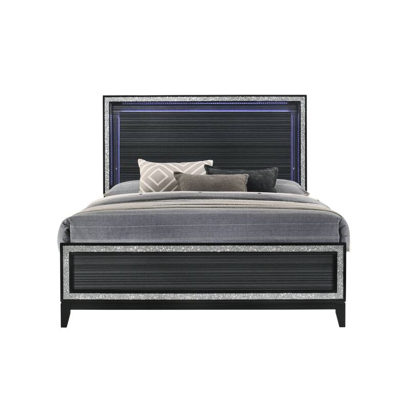 Queen Bed with LED Headboard and Weathered Black Finish - Black