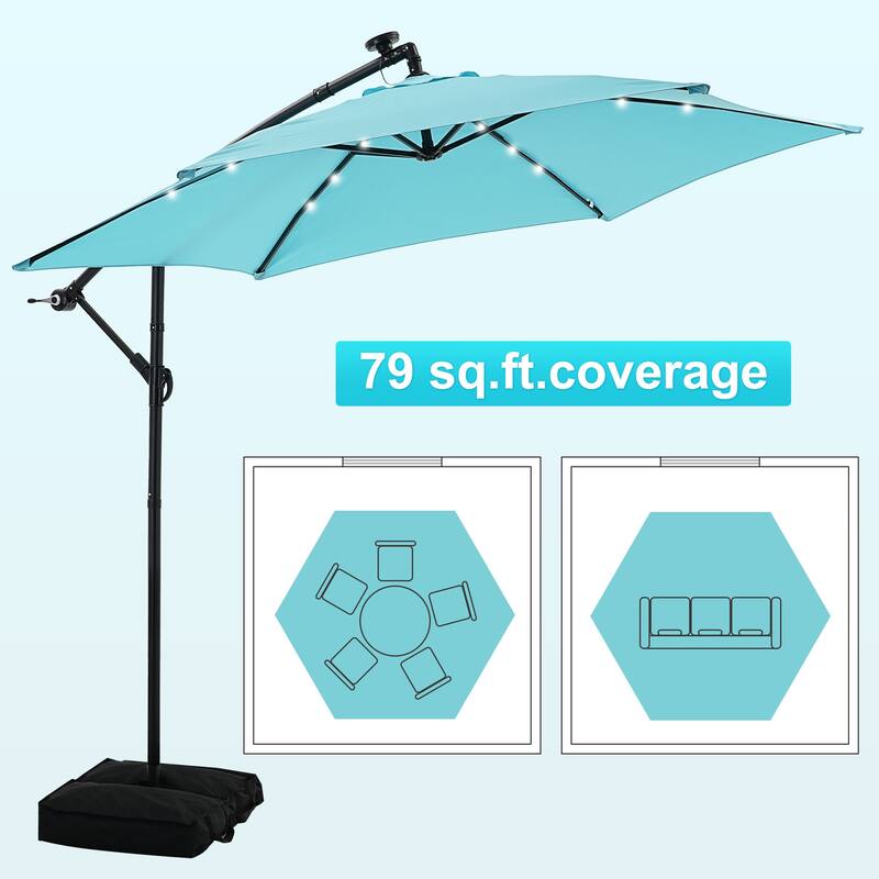 Autlaycil 10ft Offset Hanging Market Patio Umbrella With Base&Solar Lights