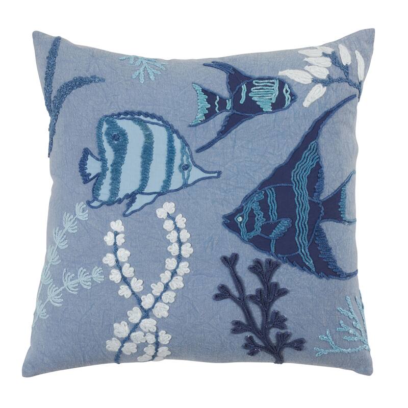 Stonewashed Pillow With Fish Design - Polyester - 20"x20"