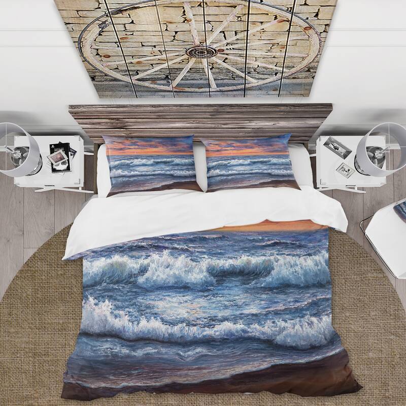 Designart 'Sunset Over The Blue Ocean II' Nautical & Coastal Duvet Cover Set