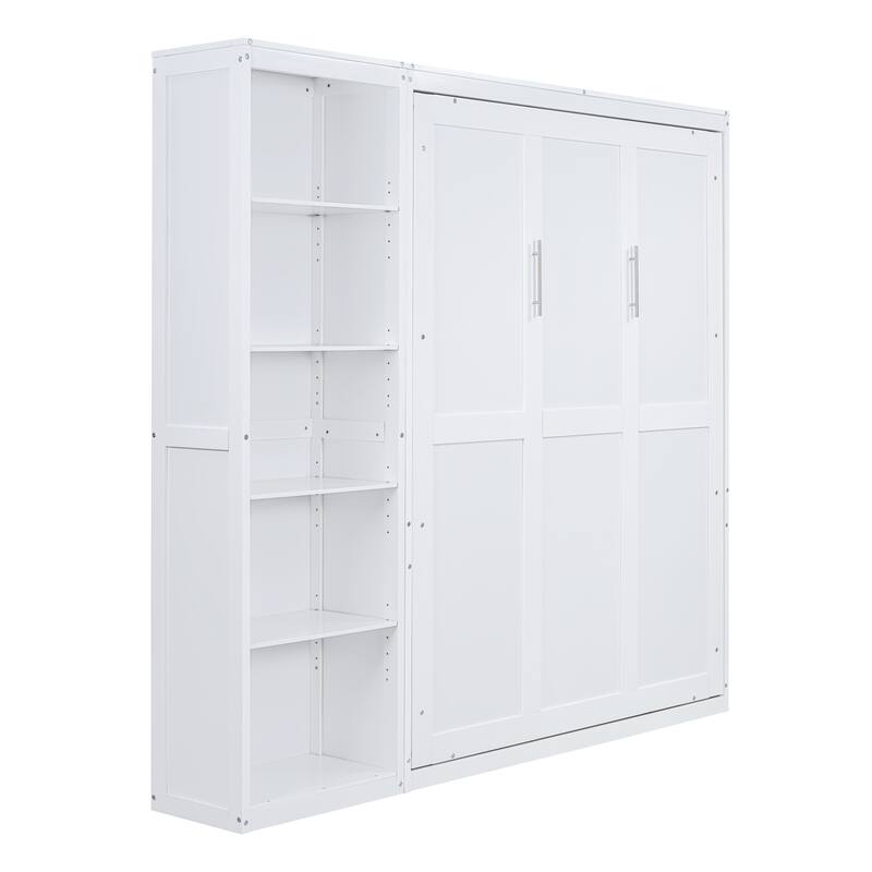 Space-Saving Queen Size Wall Bed with Shelves, White