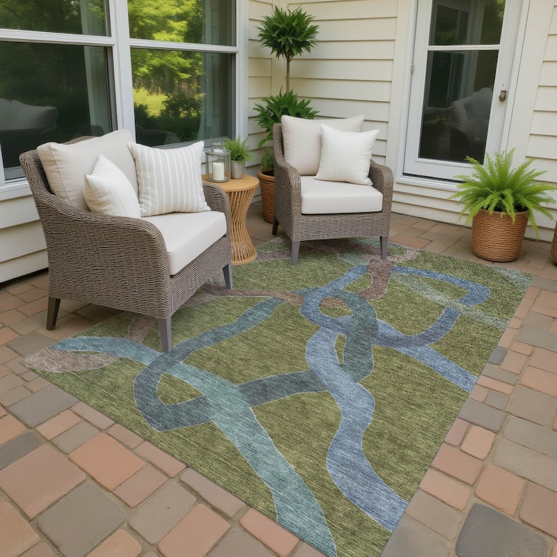 Machine Washable Indoor/ Outdoor Abstract Links Chantille Rug - Olive - 10' x 14'