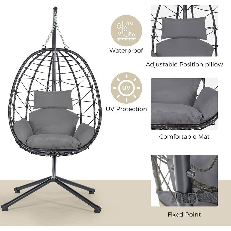 Rattan Metal Hanging Chair with Stand and 350lb Capacity, Includes Waterproof Cushion