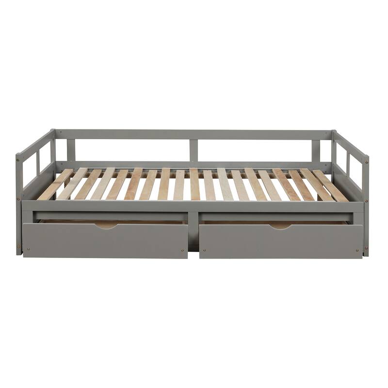 Wooden Daybed with Trundle Bed and Two Storage Drawers , Extendable Bed