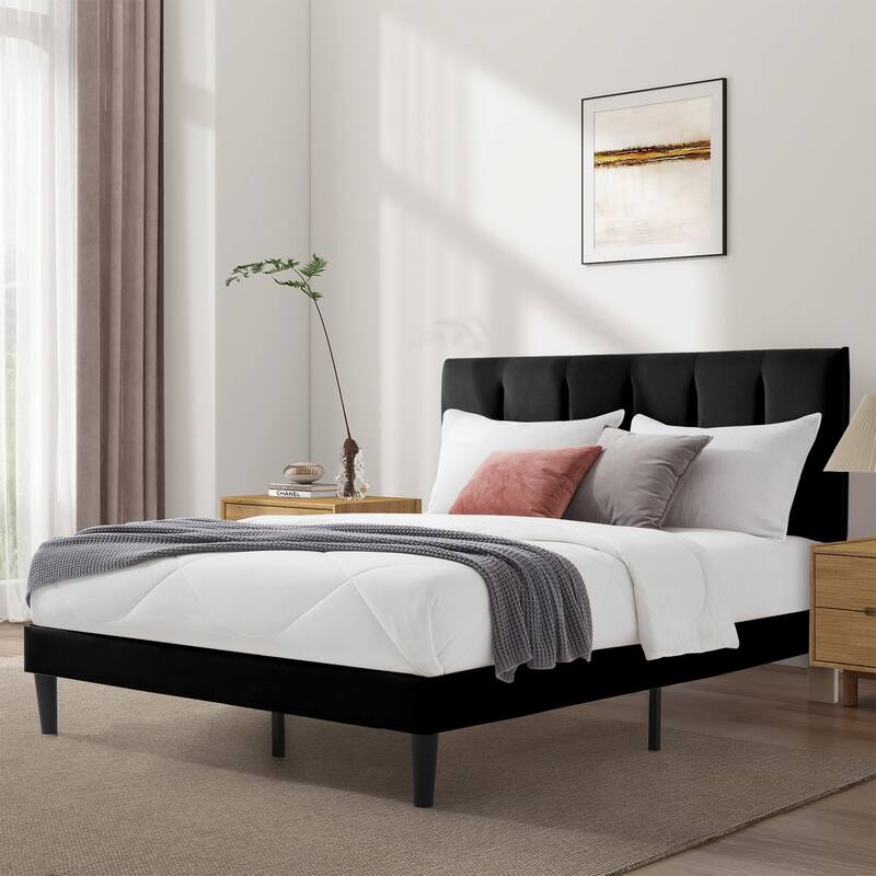 Upholstered Platform Bed Frame with Vertical Stripe Headboard