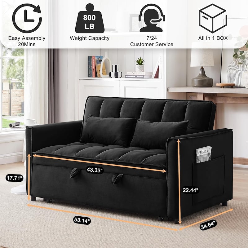 3 in 1 Convertible Sleeper Sofa Bed, Futon Couches for Living Room with Side Pocket, Adjustable Backrest