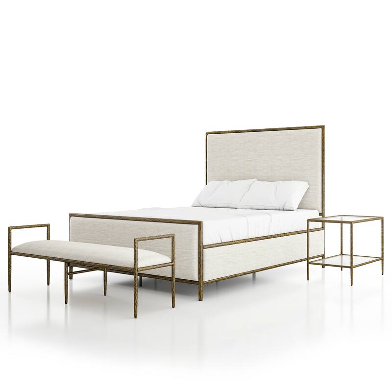 247 Shop At Home Lalia Modern 3-Piece Upholstered Hammered Metal Panel Bedroom Set with Nightstand and Bench