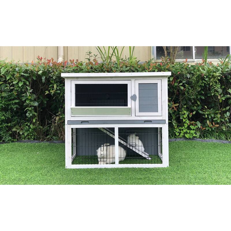 Hanover Outdoor Wooden 2-Story Rabbit Hutch with Ramp, Wire Mesh Run, Waterproof Roof, Removable Tray 3 Ft.W x 1.5 D x 2.6 H