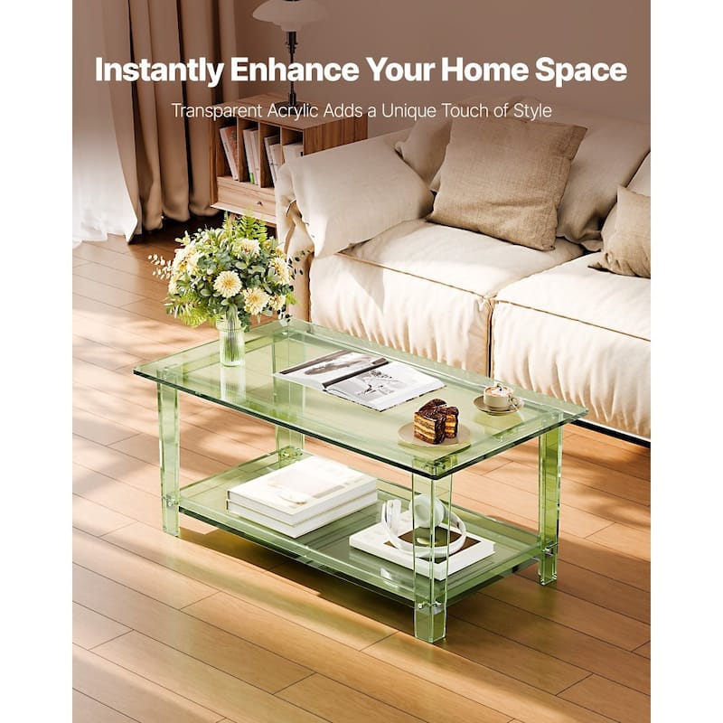 Transparent Green Acrylic 2-Tier Coffee Table with Sturdy Shelves and Modern Design - 19.7 x 31.5 x 15.7 in