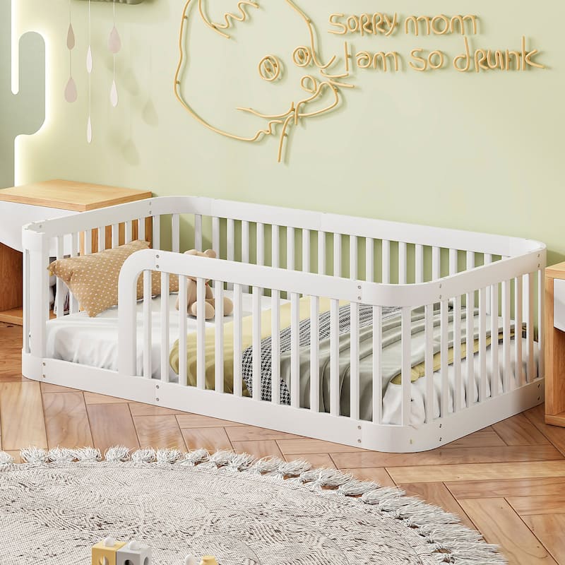 Toddler Floor Bed Wood Bed Frame with Without Slats and Rounded Corners Design, Kids Bed with Safety Fence for Boys Girls
