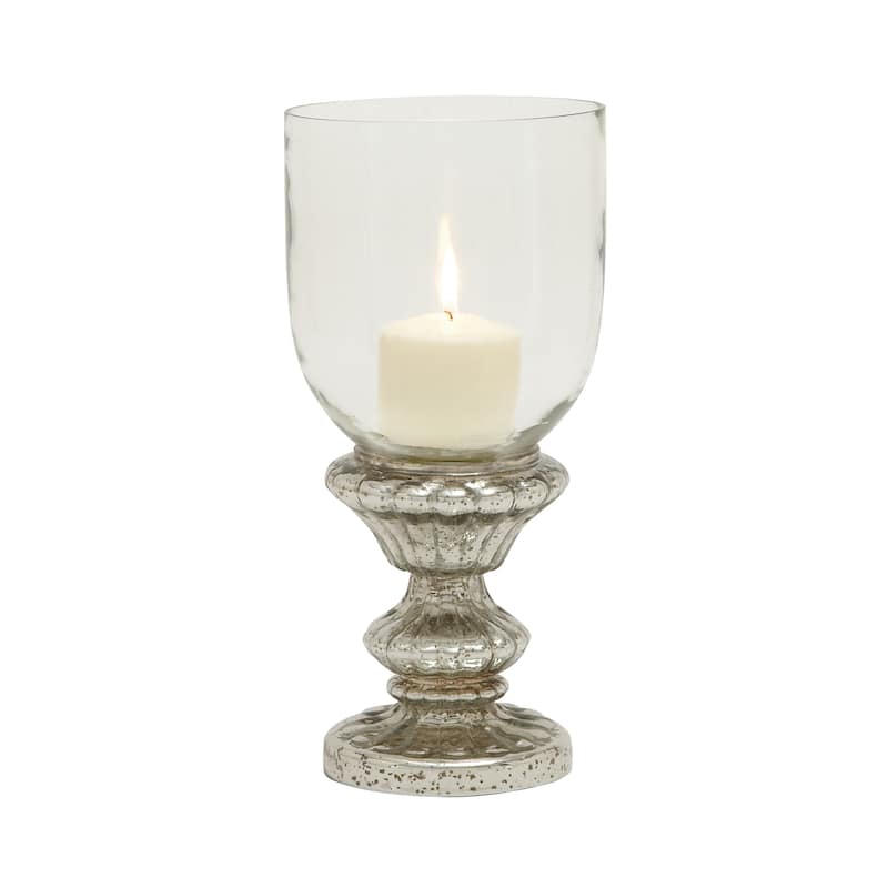 Glass Handmade Turned Style Pillar Hurricane Lamp with Faux Mercury Glass Finish - Silver - Roche River Decor - 7"W x 7"L x 14"H