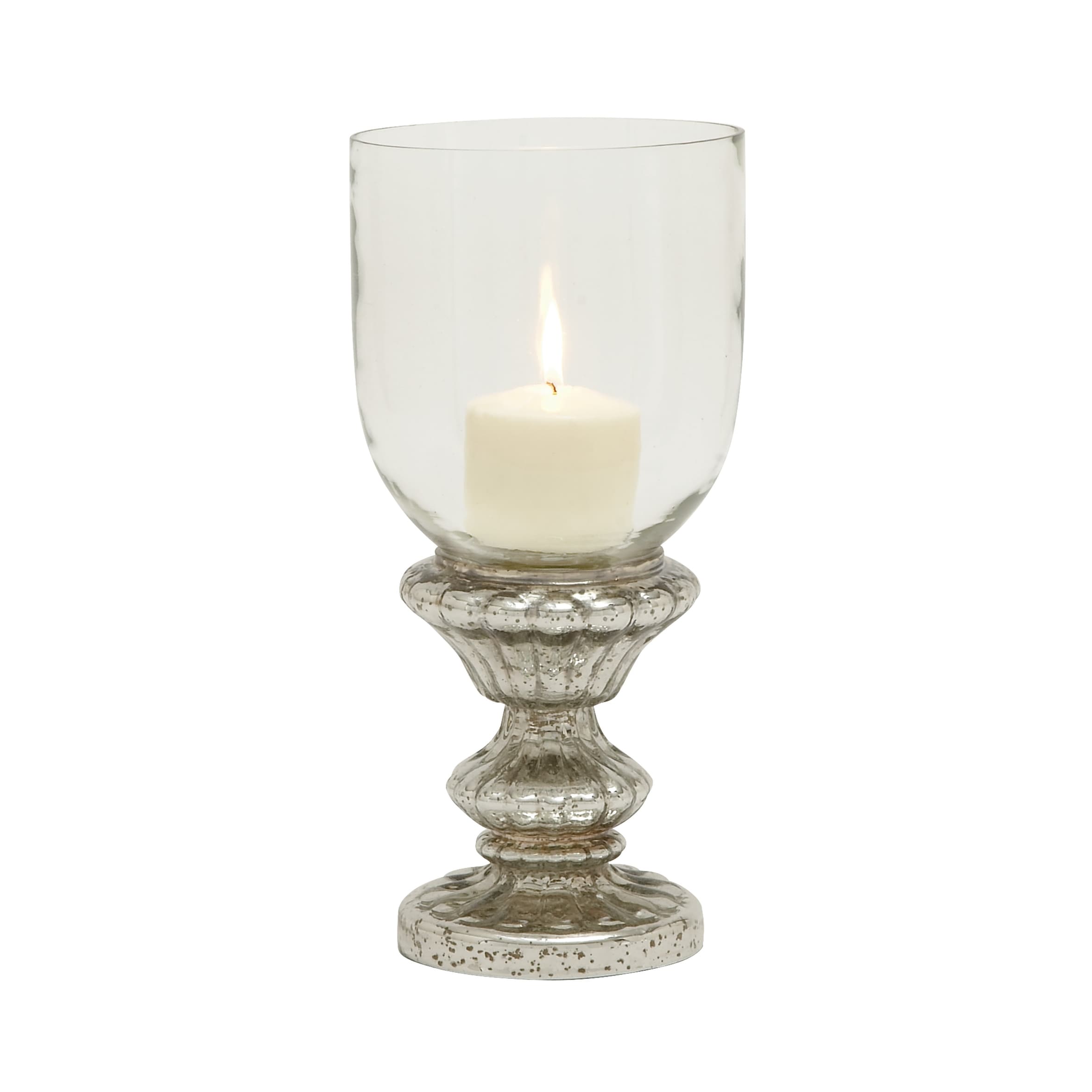 Glass Handmade Turned Style Pillar Hurricane Lamp with Faux Mercury Glass Finish - Silver - Roche River Decor - 7"W x 7"L x 14"H