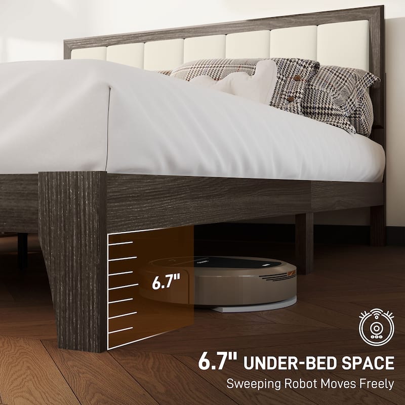 HOMCOM Queen Size Bed Frame with Upholstered Headboard, Platform Bed Frame with Wooden Slats, No Box Spring Needed