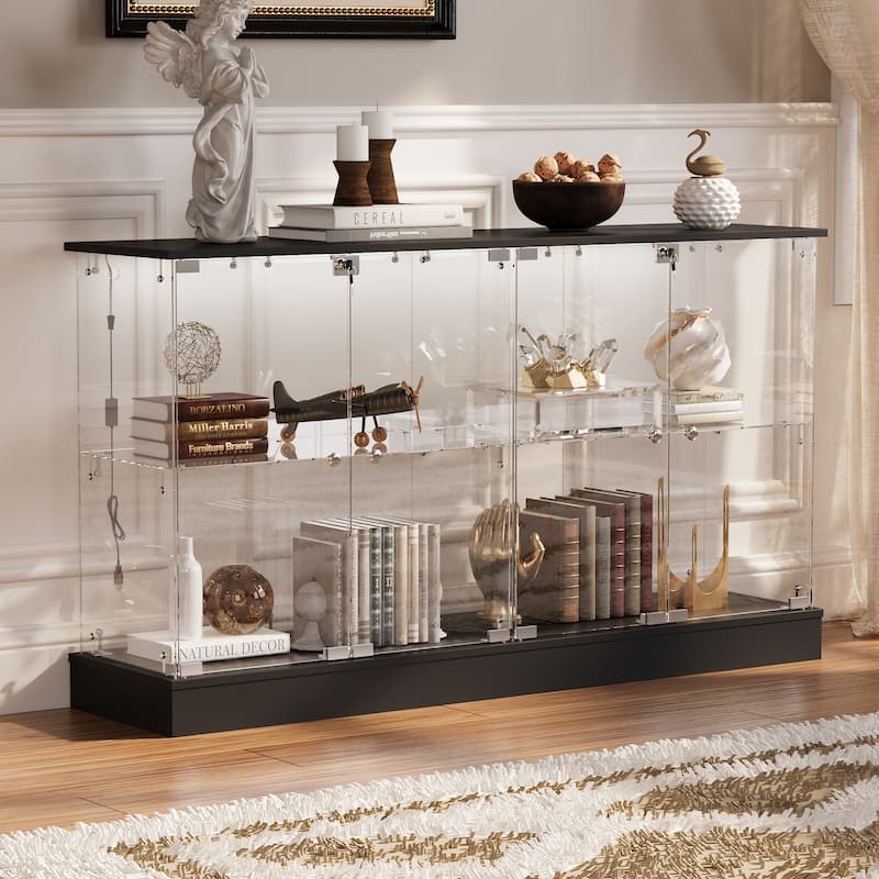 Black Bookcase Glass Display Cabinet with LED Lights, Modern Storage Showcase for Bags, Shoes, Liquor & Collectibles