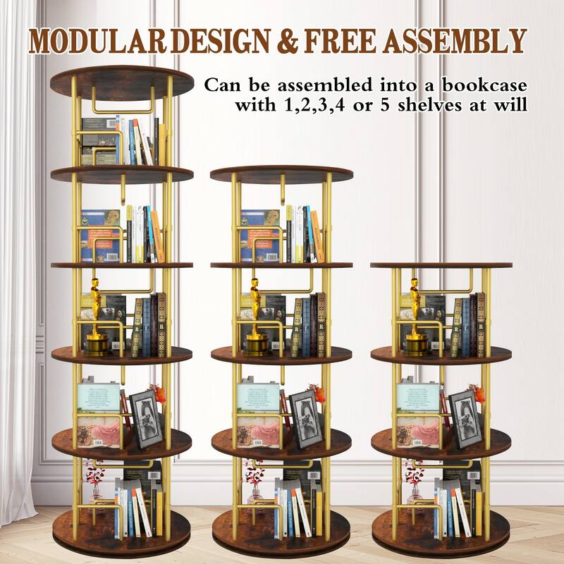 GDF Studio - Fremont Modern 5-Tier Wood and Metal Rotating Bookshelf with 360-Degree Swivel Design