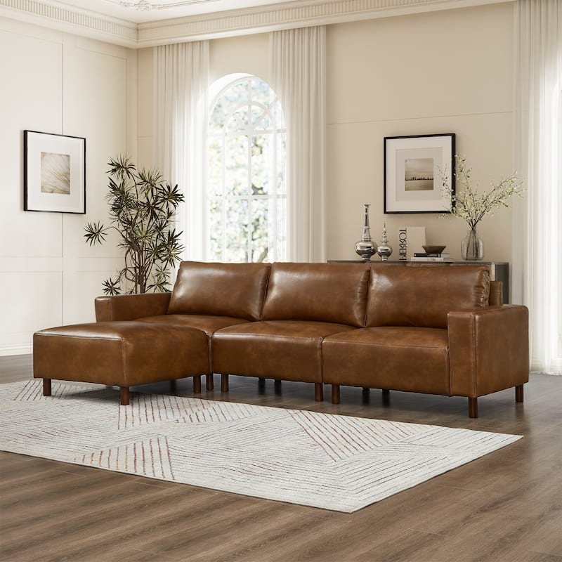 Roomfitters Modern Sectional Sofa, Comfortable L-Shaped Upholstered Couch with Solid Wooden Legs for Living Room - Brown
