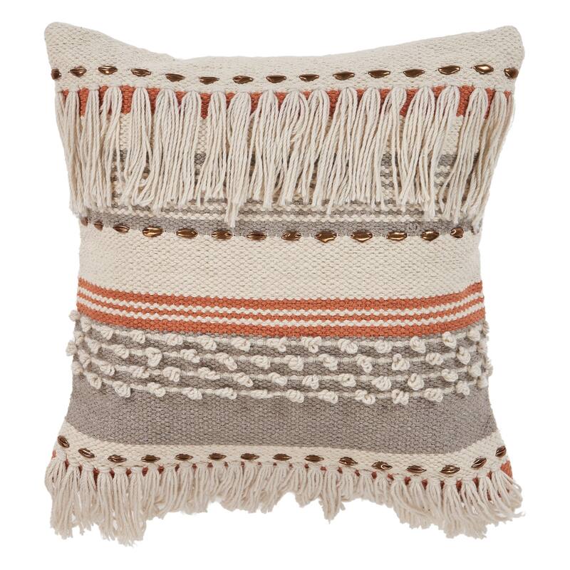Handwoven Striped Cotton Throw Pillow Cover - 18" - Beige and Orange