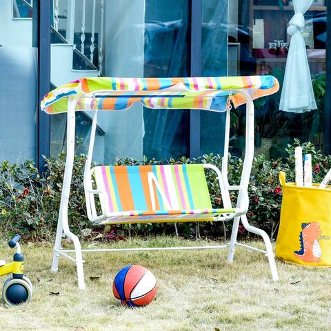 Outsunny 2-Seat Kids Canopy Swing Chair Toddler Hammock Lounge with Shade Awning Seat Belt for Porch Backyard Animal Pattern
