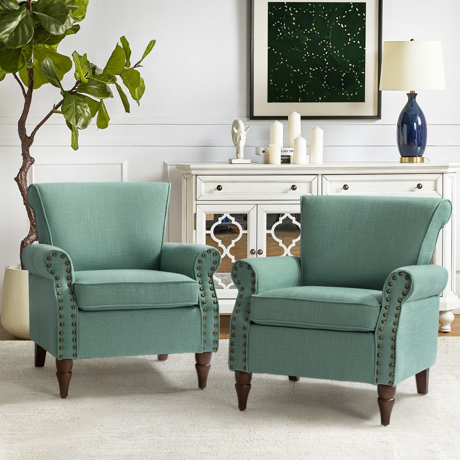 Nyctelius Classic Upholstered Wingback  Accent chair with Wooden Legs and Nailhead Trim  Set of 2 by HULALA HOME