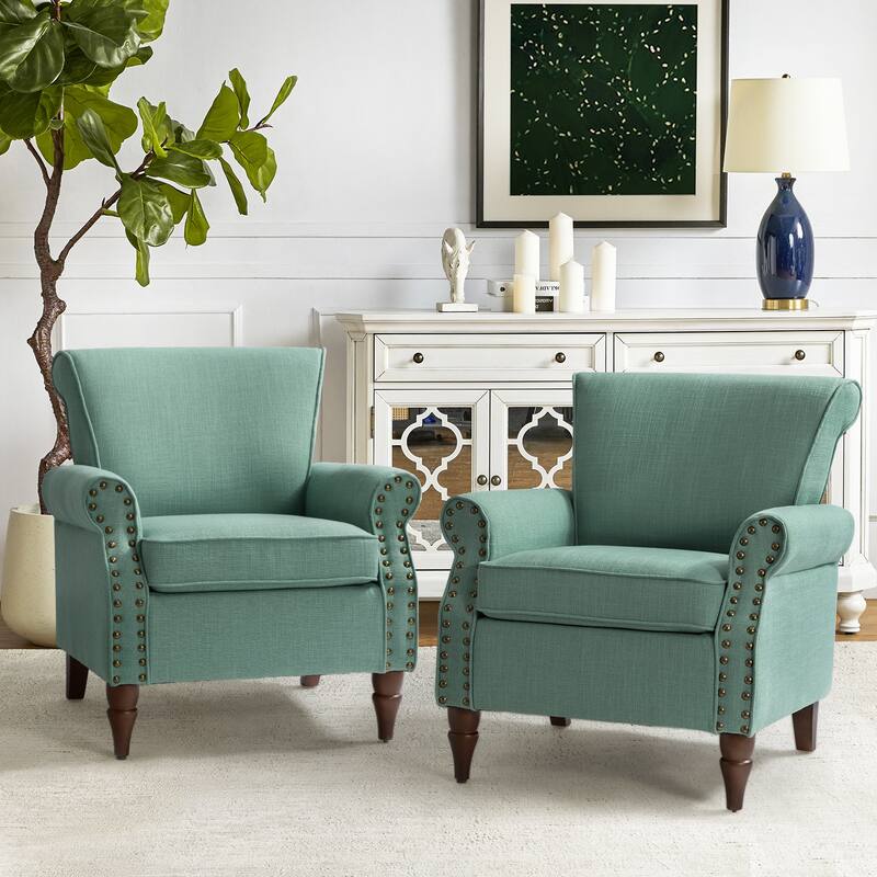 Nyctelius Upholstered Comfy Accent chair with Turned Wooden Legs and Nailhead Trim Set of 2 by HULALA HOME