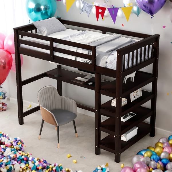 slide 2 of 9, Modern Twin Size Loft Bed With Shelves And Under-bed Desk,Stable Guardrails for Bedroom Espresso