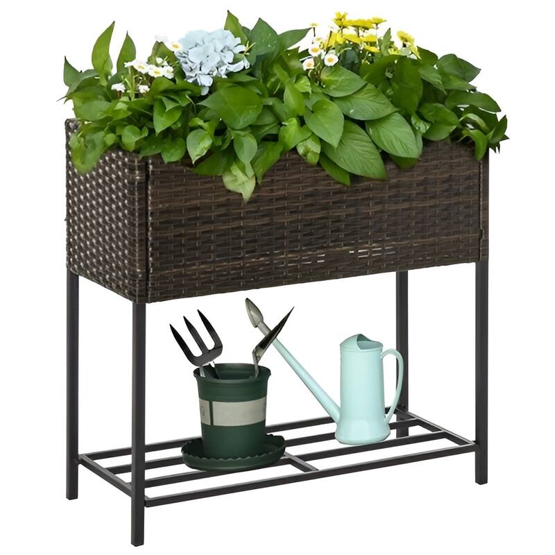 Rattan Steel Elevated Raised Planter Box with Storage Shelf - 27.5" L x 11.75" W x 27.5" H
