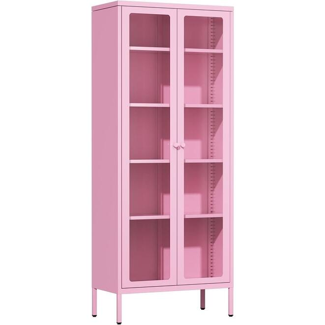 Kitchen Pantry Cabinet Glass Display Storage Buffet Sideboards with Glass Doors and 4 Adjustable Shelves - Pink