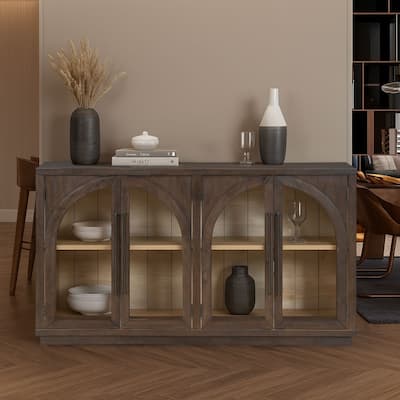Retro Freestanding 4 Glass Door Wooden Sideboard Storage Buffet Cabinet