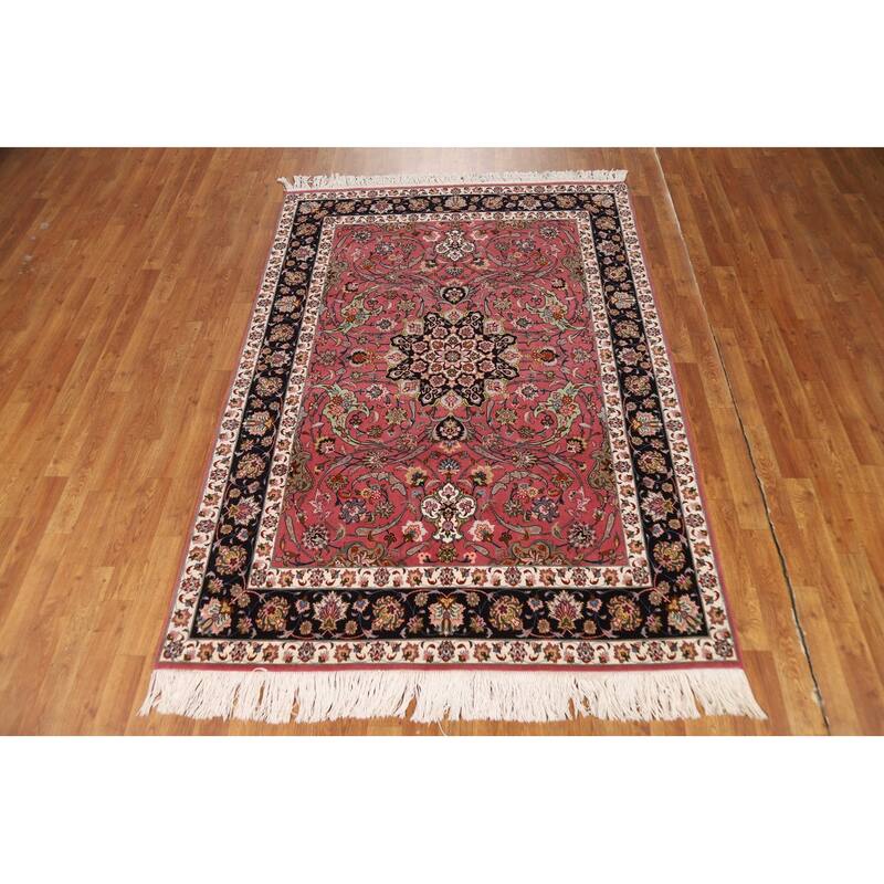 Floral Pink Tabriz Persian Rug Handmade Wool & Silk Carpet - 4'1"x 7'0"