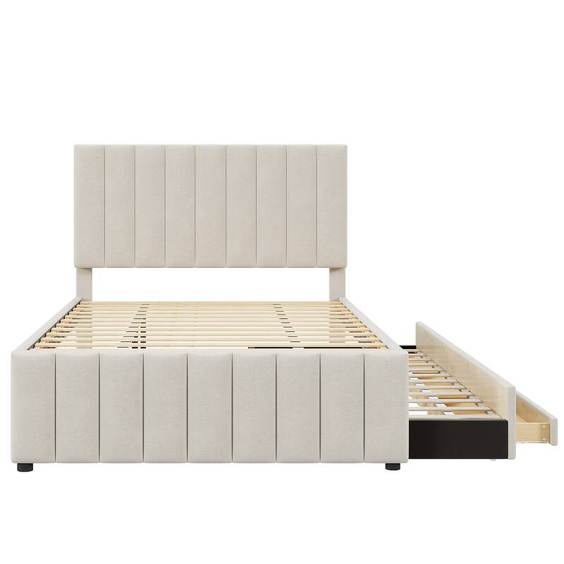 Upholstered Platform Bed Captain Bed with Trundle and 3 Drawers, Vertical Striped Linen Headboard and Footboard Slats Support