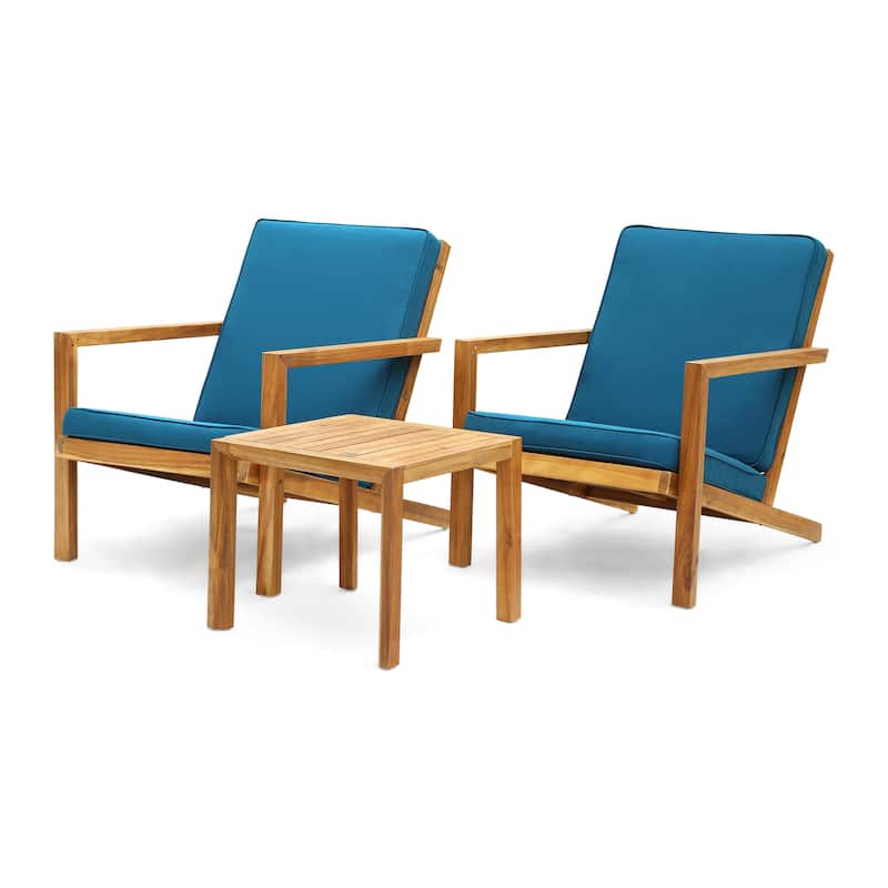 Leah Outdoor 3-piece Acacia Wood Chat Set with Cushions by Christopher Knight Home