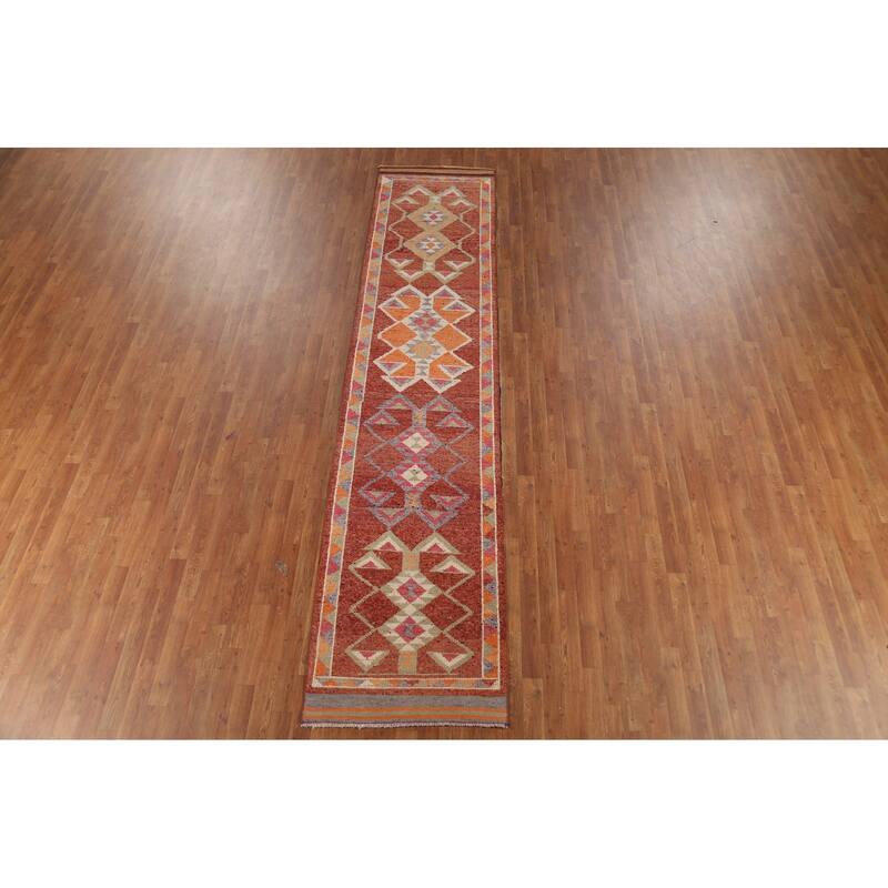 Orange Anatolian Turkish Vintage Runner Rug Hand-Knotted Wool Carpet - 2'9"x 12'9"