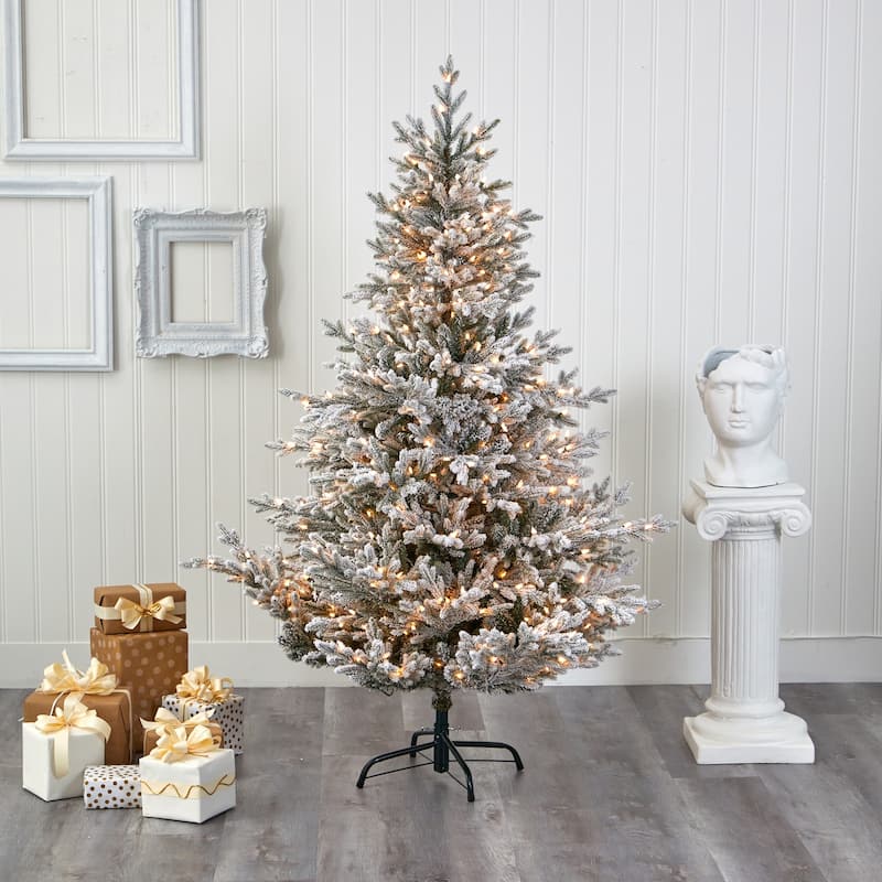 6ft Flocked Christmas Tree with Warm White Lights - Holiday Decor, Artificial Fir Tree, Bendable Branches - 72