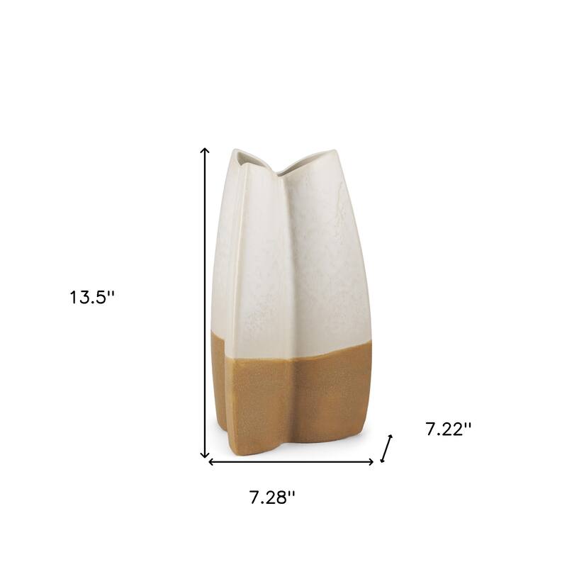 14" Cream And Beige Color Block Ceramic Table Vase - 7.28