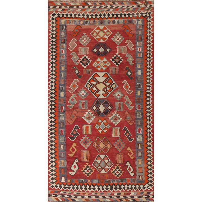 Vegetable Dye Kilim Qashqai Persian Antique Area Rug Red Wool Carpet - 4'10"x 9'8"