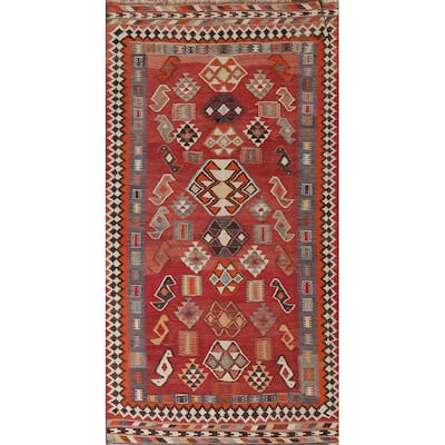 Vegetable Dye Kilim Qashqai Persian Antique Area Rug Red Wool Carpet - 4'10"x 9'8"