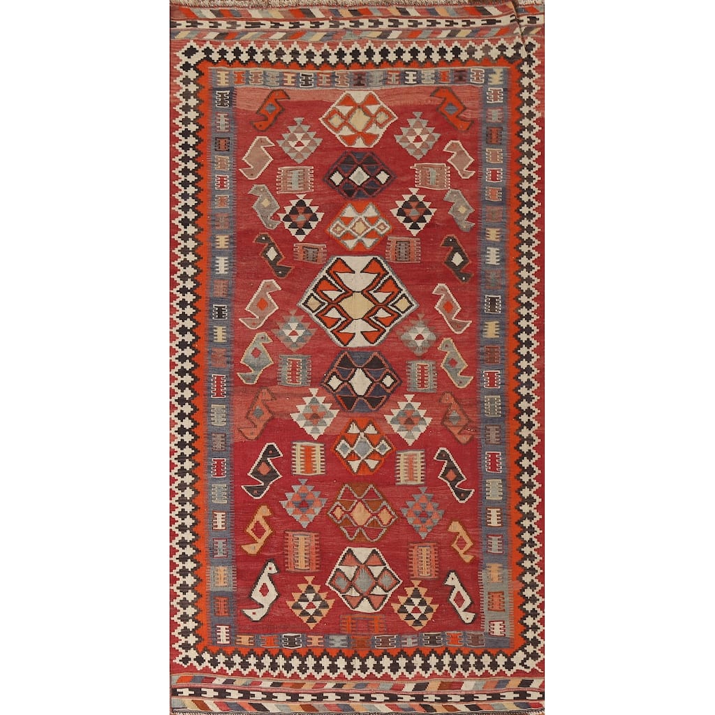 Vegetable Dye Kilim Qashqai Persian Antique Area Rug Red Wool Carpet - 4'10"x 9'8"