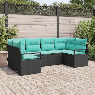 vidaXL 6 Garden Sofa Set with Cushions Black Poly Rattan - 92.1 x 48 x 27.2