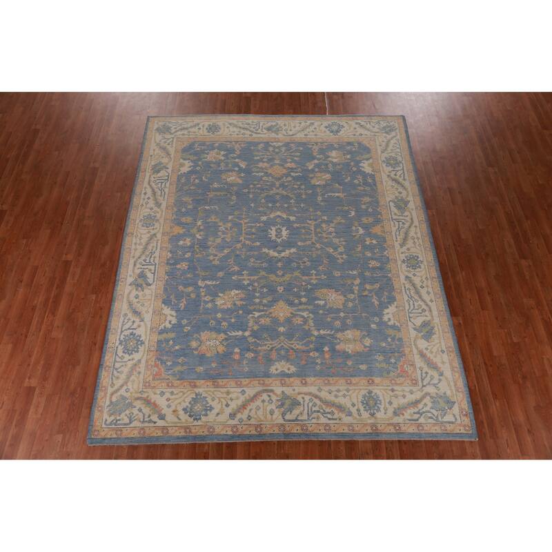 Oushak Vegetable Dye Area Rug Hand-Knotted Blue Floral Wool Carpet - 8'2" x 10'0"