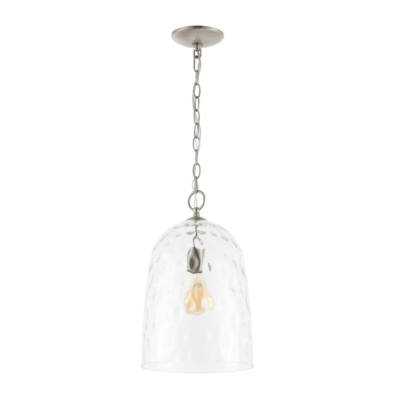 Plains 10" 1-Light Industrial Designer Iron/Dimple Glass Dome LED Pendant, Nickel/Clear by JONATHAN Y