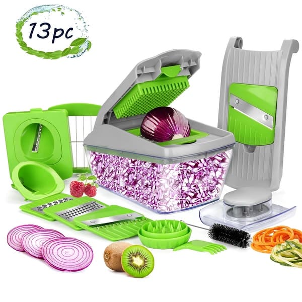 slide 2 of 15, 13/14Pcs Vegetable Slicer Dicer Food Fruit Chopper Kitchen Cutter Tools 10.4*4.78*3.85" - Grey&Green