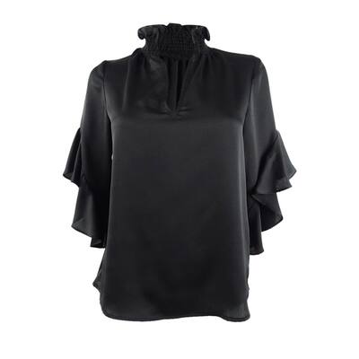 Vince Camuto Women's Flutter-Cuff Smocked-Neck Top (XS, Black)
